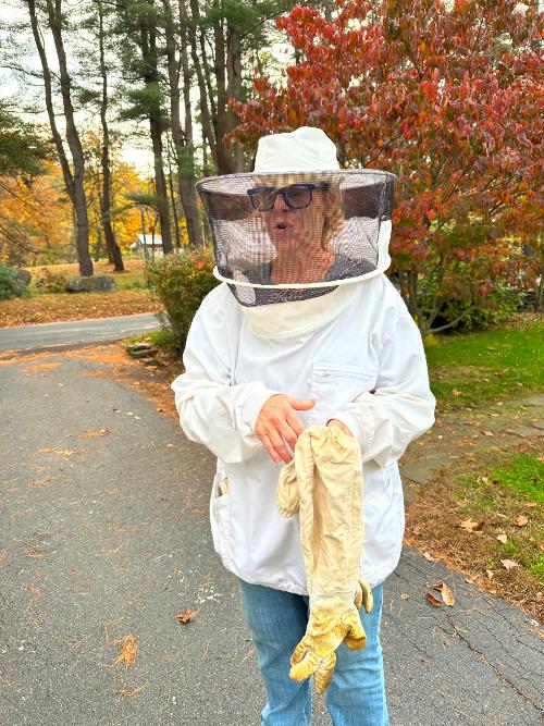 Debbie getting ready to tend the honey bees